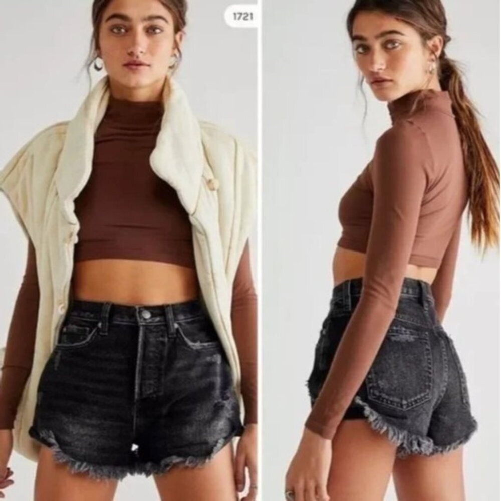 We The Free People Lasso Black Denim Short Jean Distressed Raw Bottom Hem 26